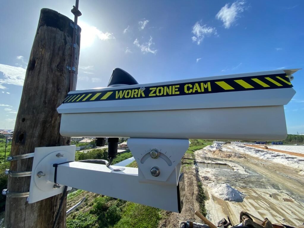 Pole-mounted work zone security camera installed on site, East Bank Demerara